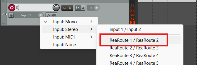Vælg ReaRoute som input i Reaper